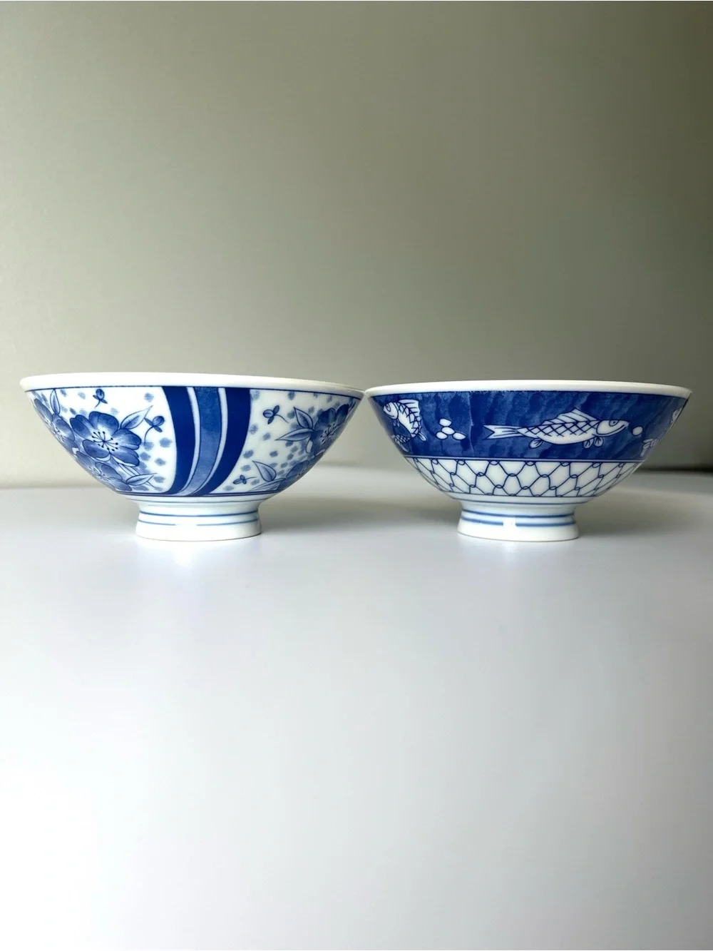 Vintage Pier 1 Blue & White Footed Porcelain Bowls for Rice / Soup, 2pc Set